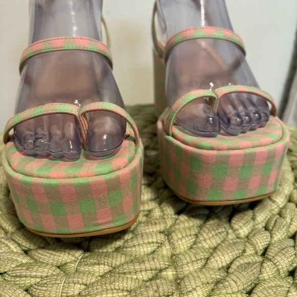 NEW Urban Outfitters UO Nora Strappy Green/Pink Plaid Platform Wedge Sandal - Picture 7 of 15